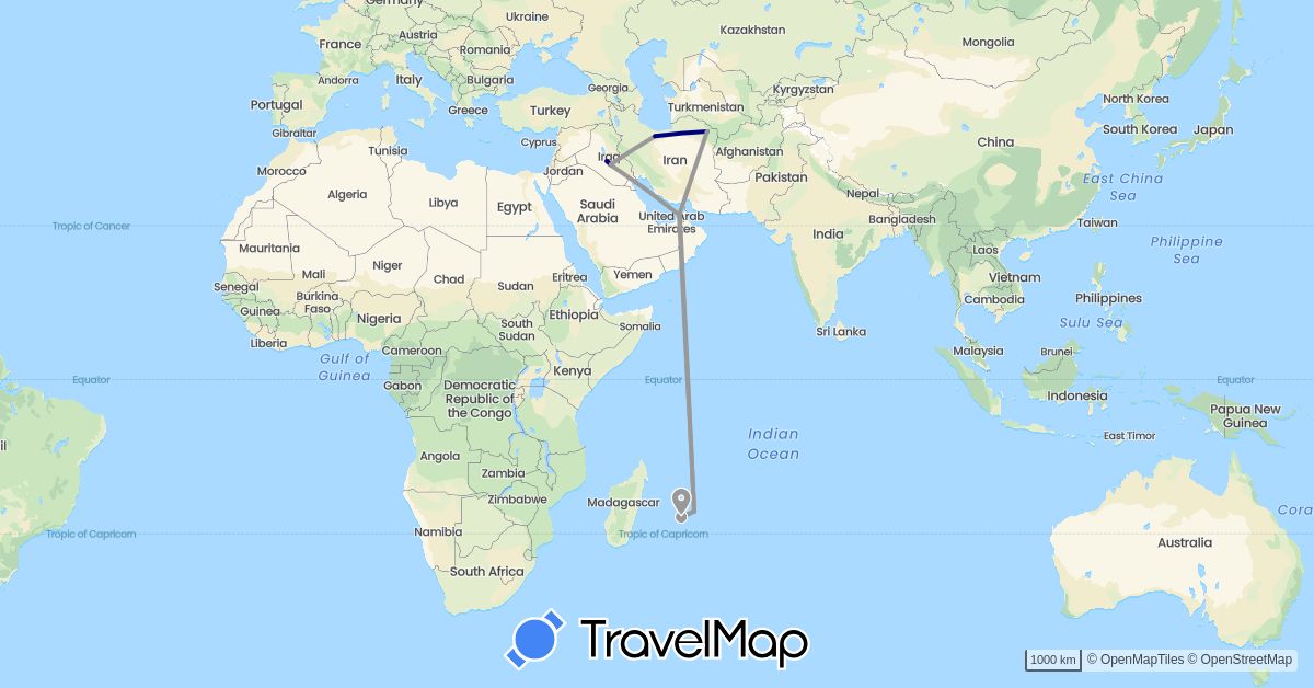 TravelMap itinerary: driving, plane, hiking in United Arab Emirates, France, Iraq, Iran, Mauritius (Africa, Asia, Europe)